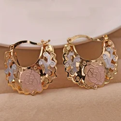 1 Pair Trendy Rose Pattern Gold Plated Hollow Out Hoop Earrings for Women Fashion Jewelry Accessories Wedding Party Birthday Gi