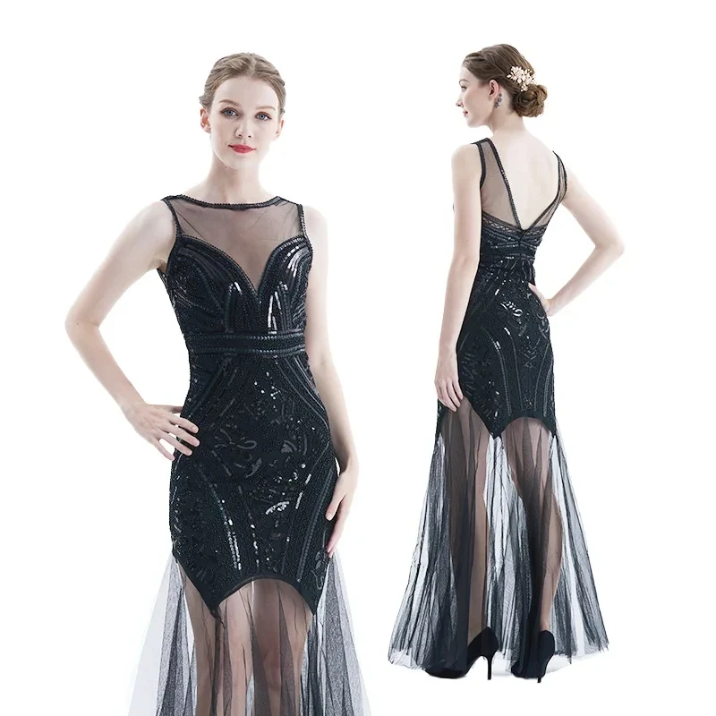 

Sexy Sequin Gauze See-through Stitching Party Formal Dress Spring Autumn New 1920 Vintage Dress Women Sleeveless O-Neck Dress