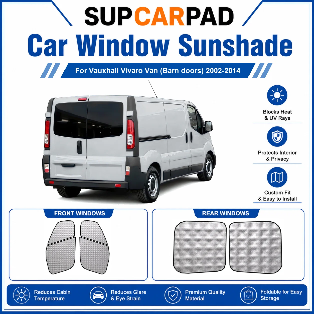 

For Vauxhall - Vauxhall Vivaro Van (Barn doors) 2002-2014 Full Set Car Window Sunshades UV Block Privacy Heat Insulated Foldable