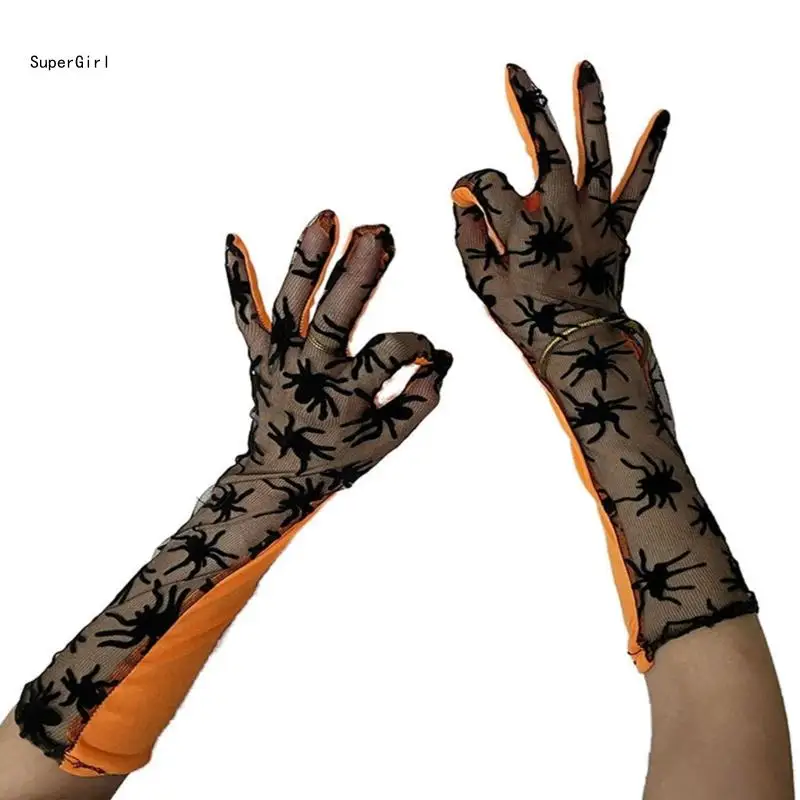 Halloween Party Gloves Orange Spiders for Operas Proms for Women and Girls Spiders Theme Musical Operas Dancing J78E