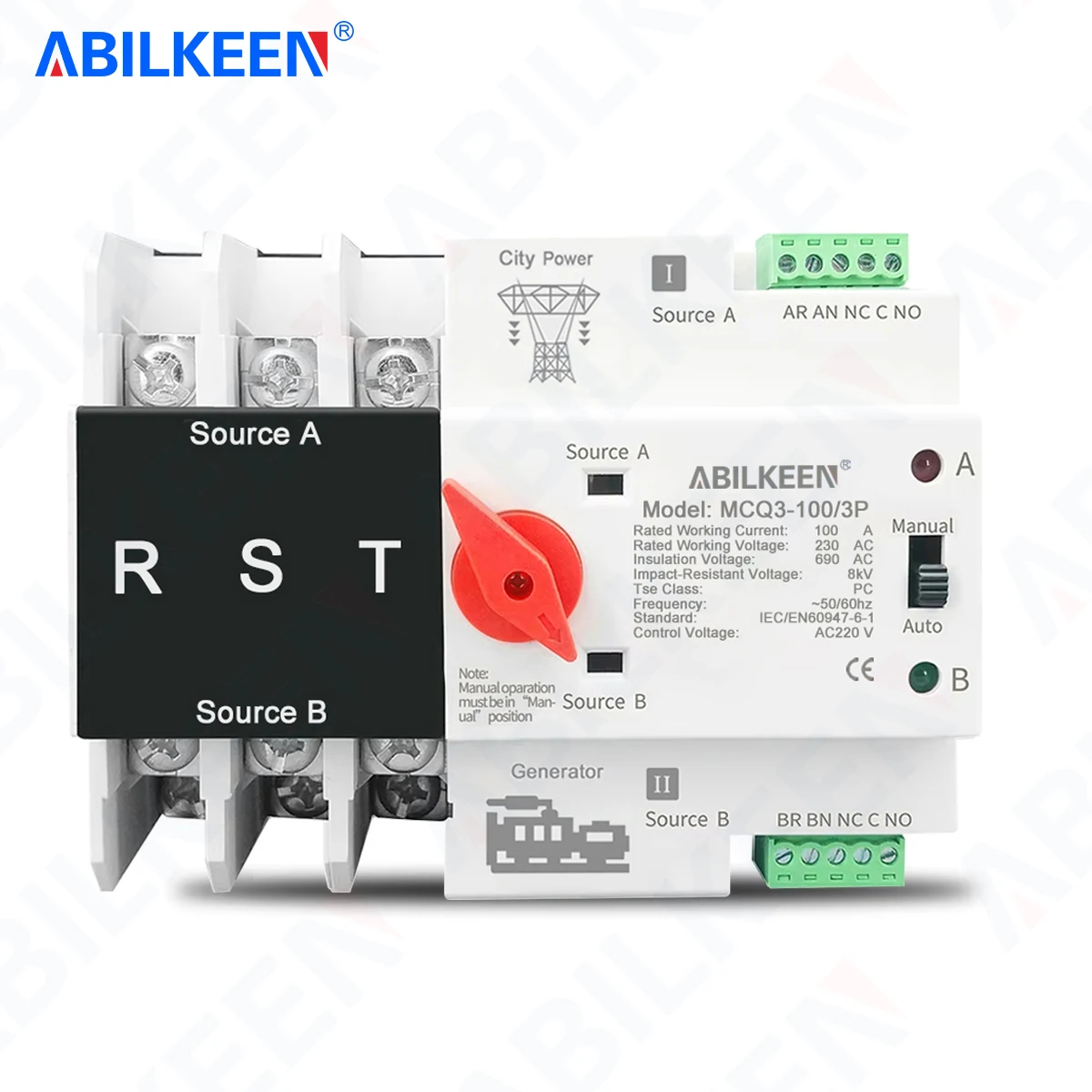 

ABILKEEN AC110V/220V 3P Двухрежимный переключатель питания 16~100А, мини-АВР (автоматический/ручной) для домашнего генератора