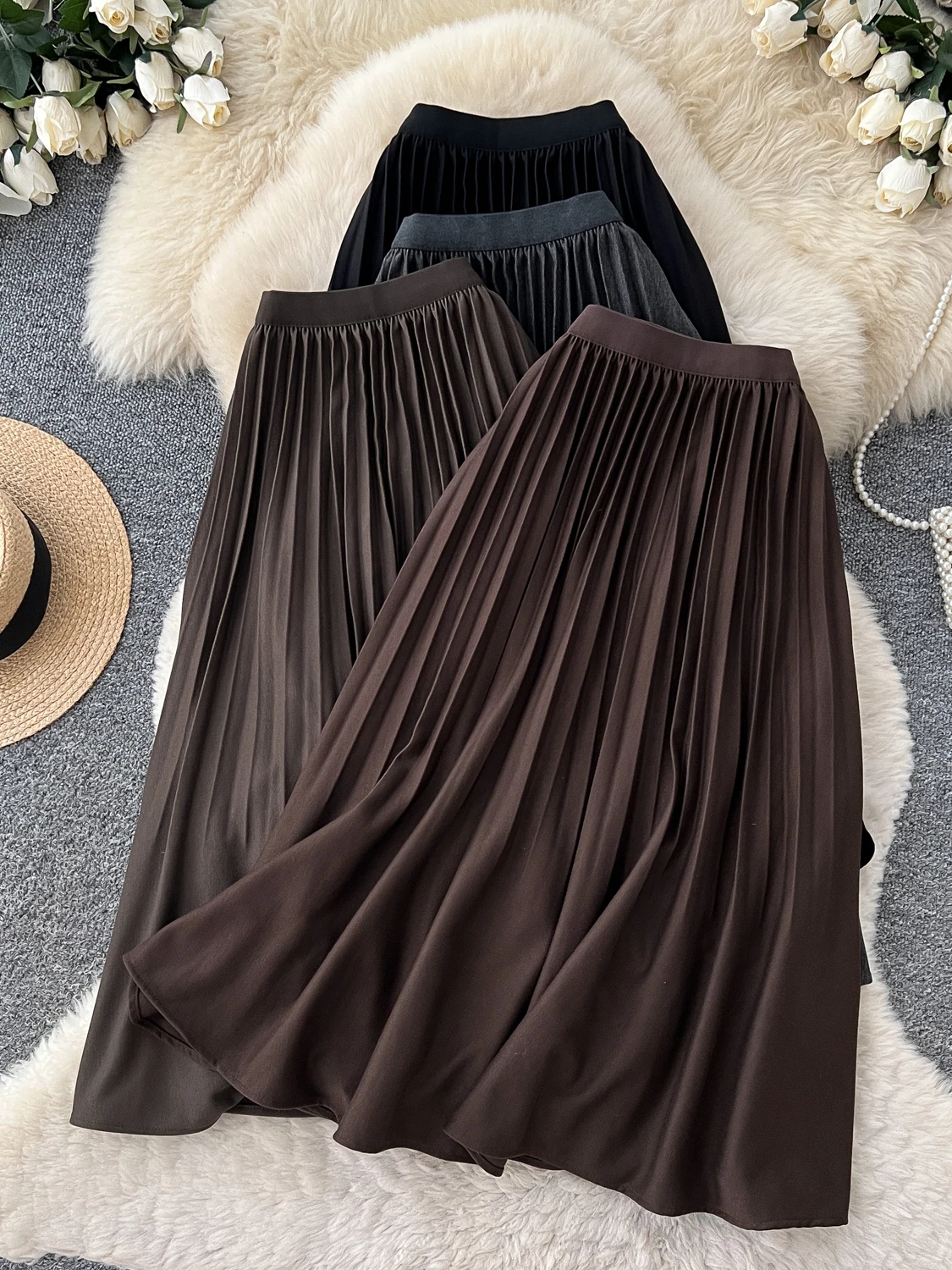 High Waist A-Line Midi Skirt Women's Commute Versatile Slimming Pleated Half Skirt Fall Fashion Polyester Fiber Skirt