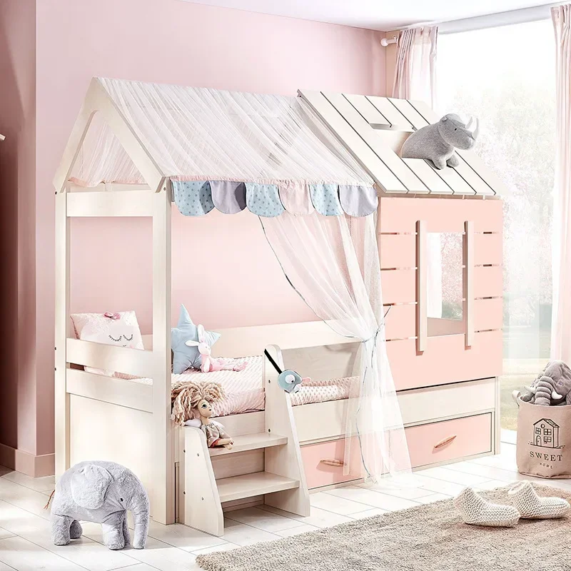 Bed Girl Solid Wood High  Pink Girl Dream Castle Tree House Princess Getting On And On The Bed