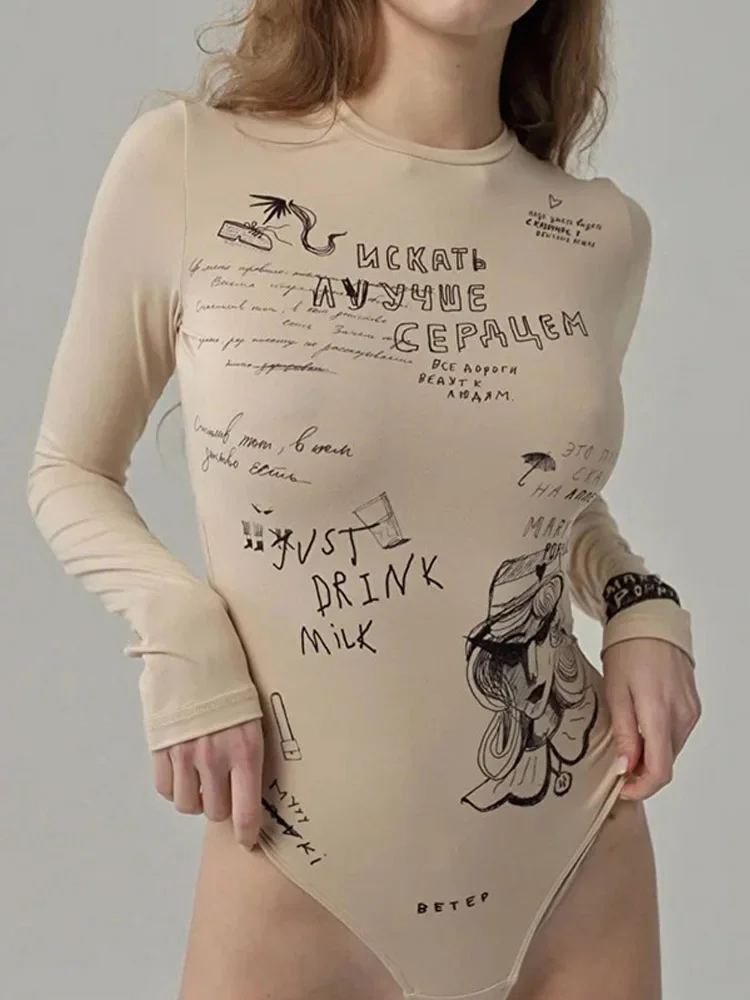 

Женский летний новый комбинезон с круглым вырезом, длинными рукавами, модным принтом, облегающий, универсальный, 2026, Европа и США