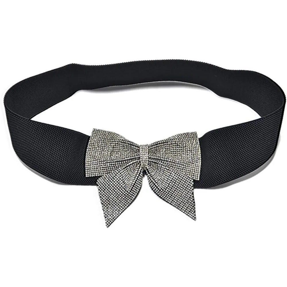 Women\'s Big Rhinestone Bow Elastic Peplum Waistbunds Wide Wedding Party Dress Belts For Women Blingbling Corset