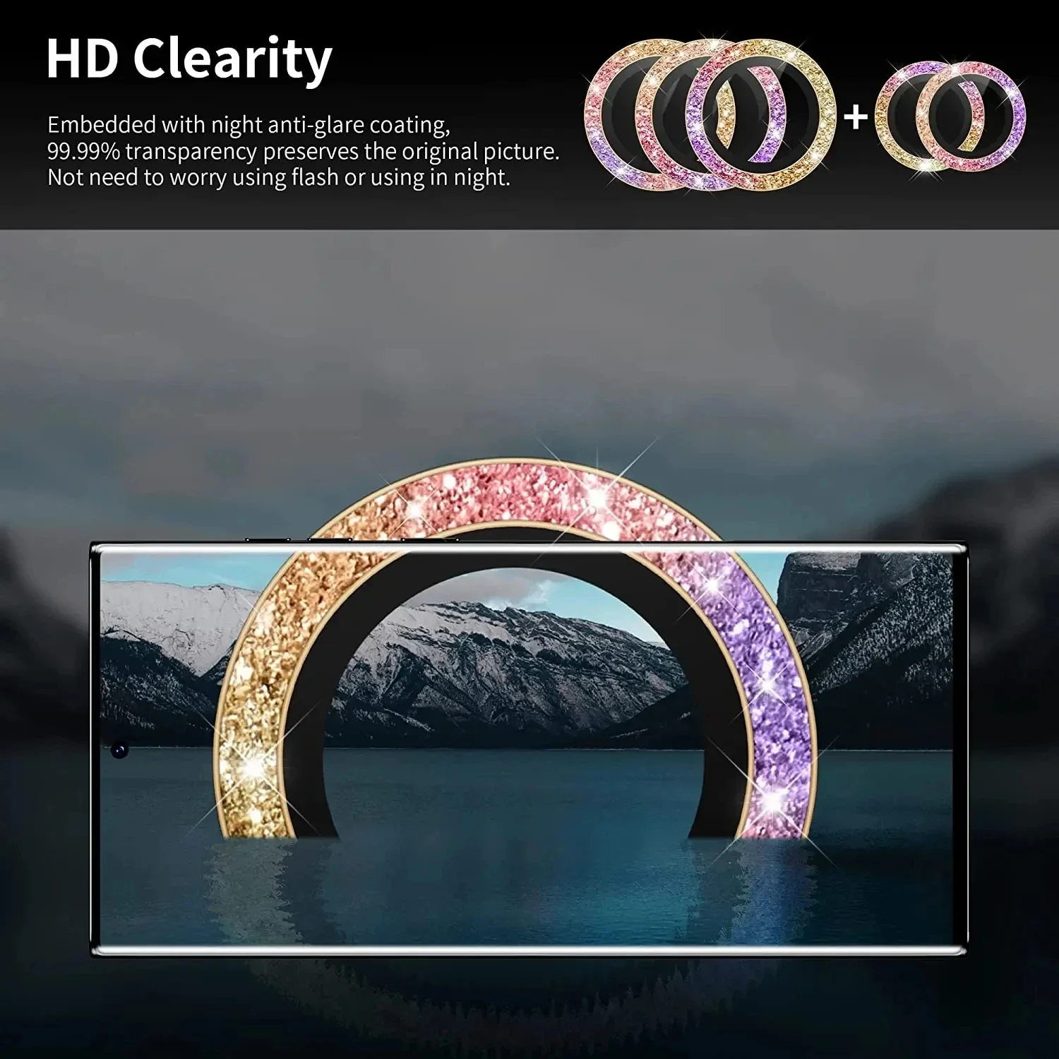 Vetro per obiettivo con glitter diamantati per Samsung Galaxy S25 Ultra Plus HD Protezione per fotocamera trasparente per Samsung S24 Plus Pellicola per obiettivo ad anello in metallo