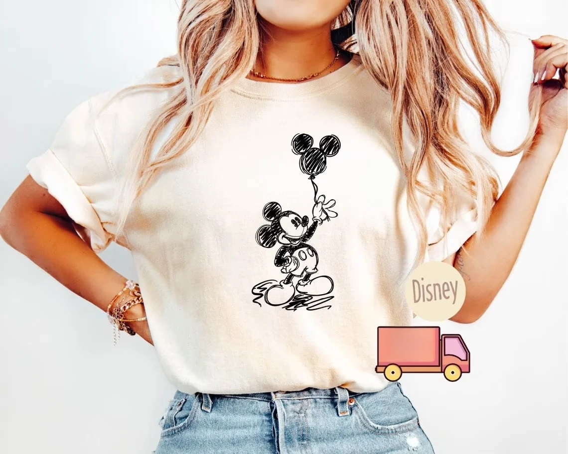 

Mickey Mouse Balloon Graphic T-shirt Classic Cartoon Print Womens Casual Tops Cotton Official Disney Artwork Soft Material