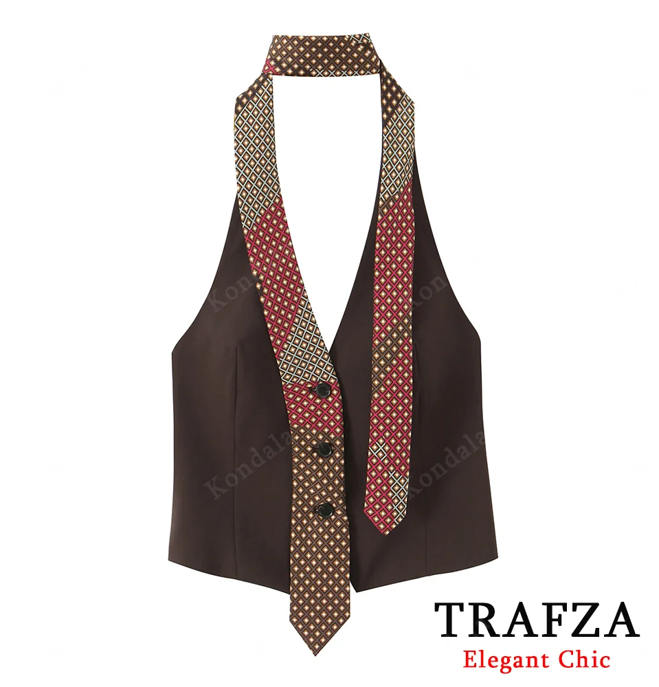 

TRAFZA Fall Lady Vintage Sexy Vest Tie Halter Buttons Sleeveless Tops 2025 Spring Autumn Fashion Elegant Romance Women Slim Vest