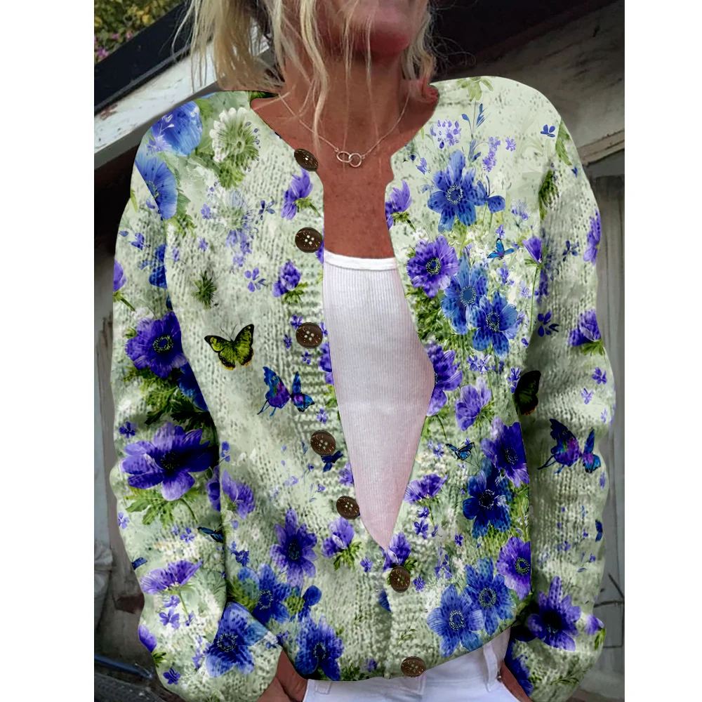 

Осень-зима вязаный кардиган с цветочным принтом, повседневный свитер, уличная одежда, женские свитера, вязаный топ, крутые джемперы, модные