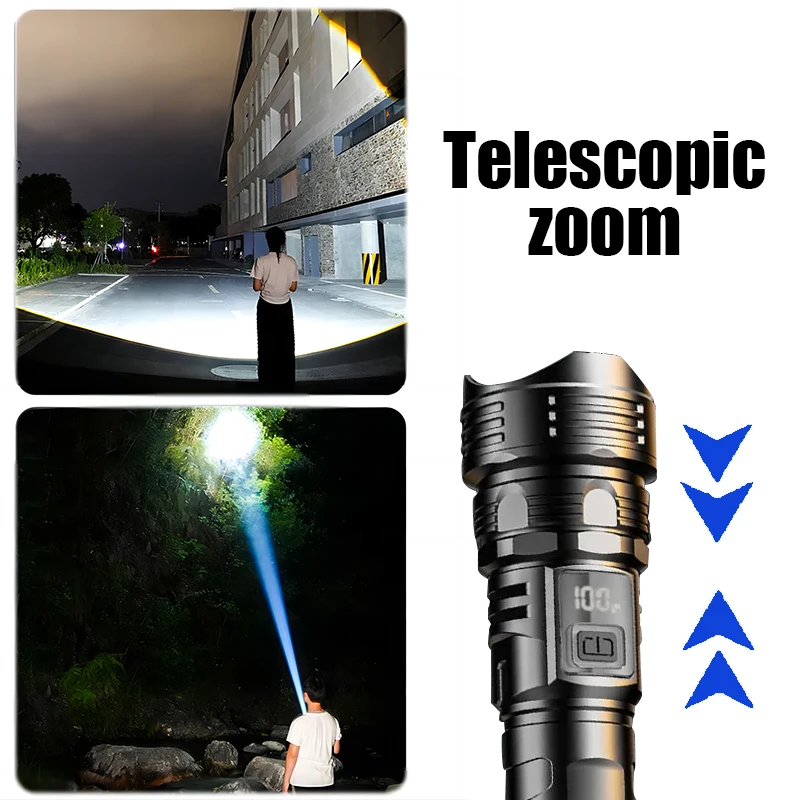 Powerful Flashlight High Power LED Flashlight Super Bright Tactical Light Rechargeable Torch Camping Lantern Zoom Power Display