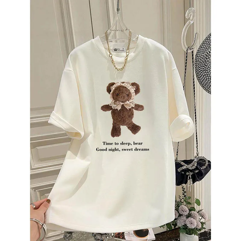 Women Chic Animal Bear Printing T-shirts Summer Pure Cotton Basic O-neck Short Sleeve Top Tee Loose Oversized Pullover 45-105Kg