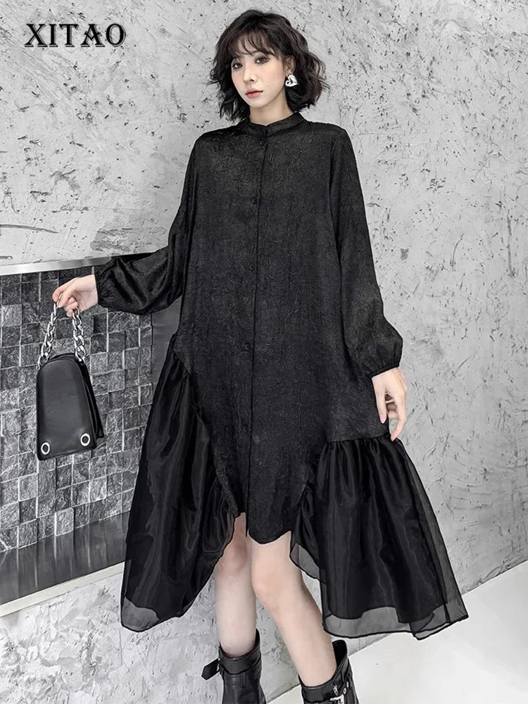 

XITAO Asymmetric Mesh Patchwork Dress Loose Slimming Single Breasted Women Casual Irregular Hem Solid Color Dress HQQ2426