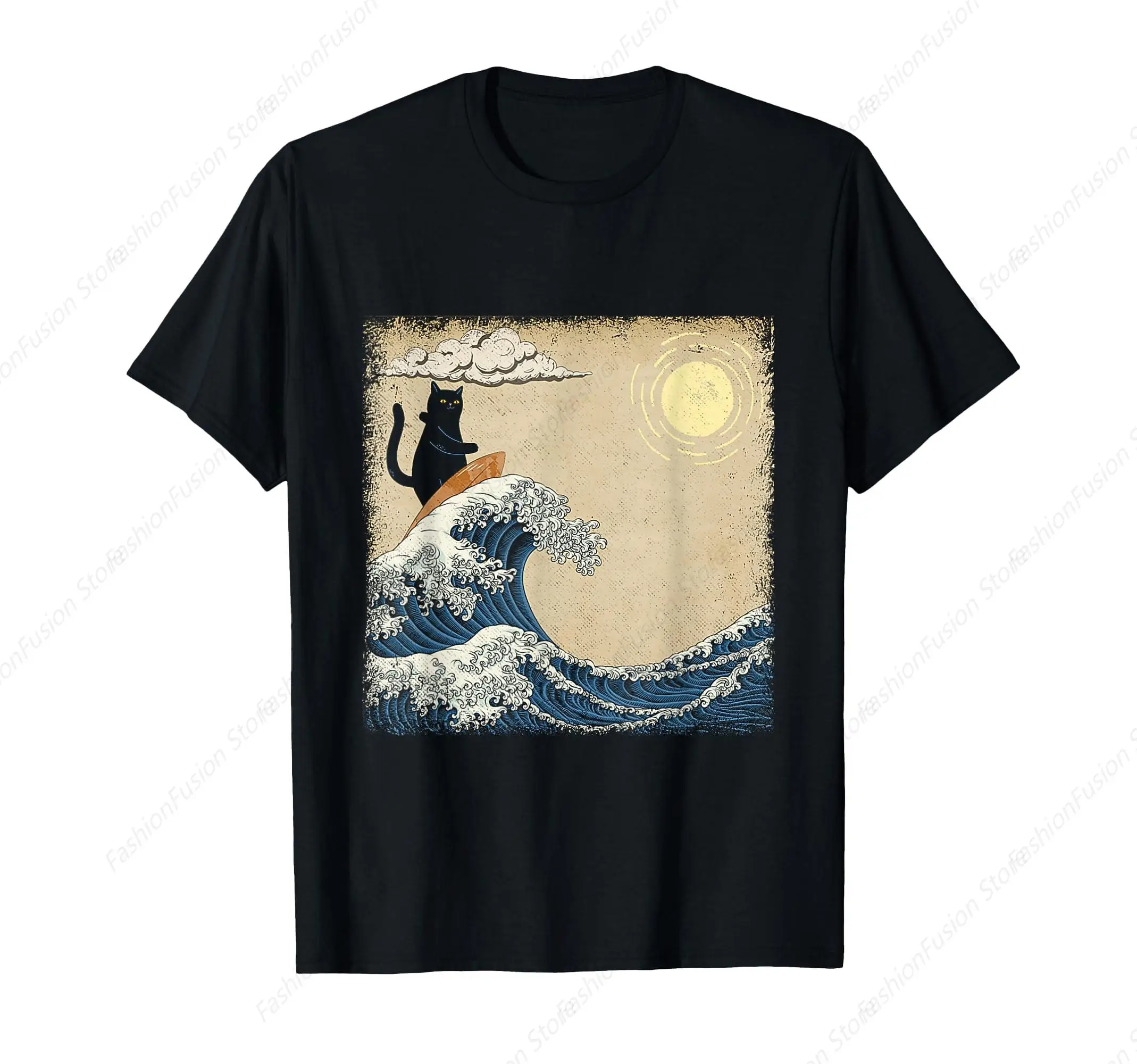 Weird Vintage Tshirt with A Cat Surfing on Waves T-Shirt Fashion Mens Clothing Streetwear Shirts Classic Tee Tops for Daily GYM