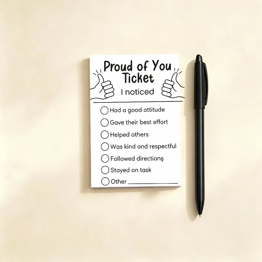 Non-Sticky Proud of You Ticket Notepad, Positive Reward Reinforcement Cards, Encouragement Memo Pad for Classroom Management