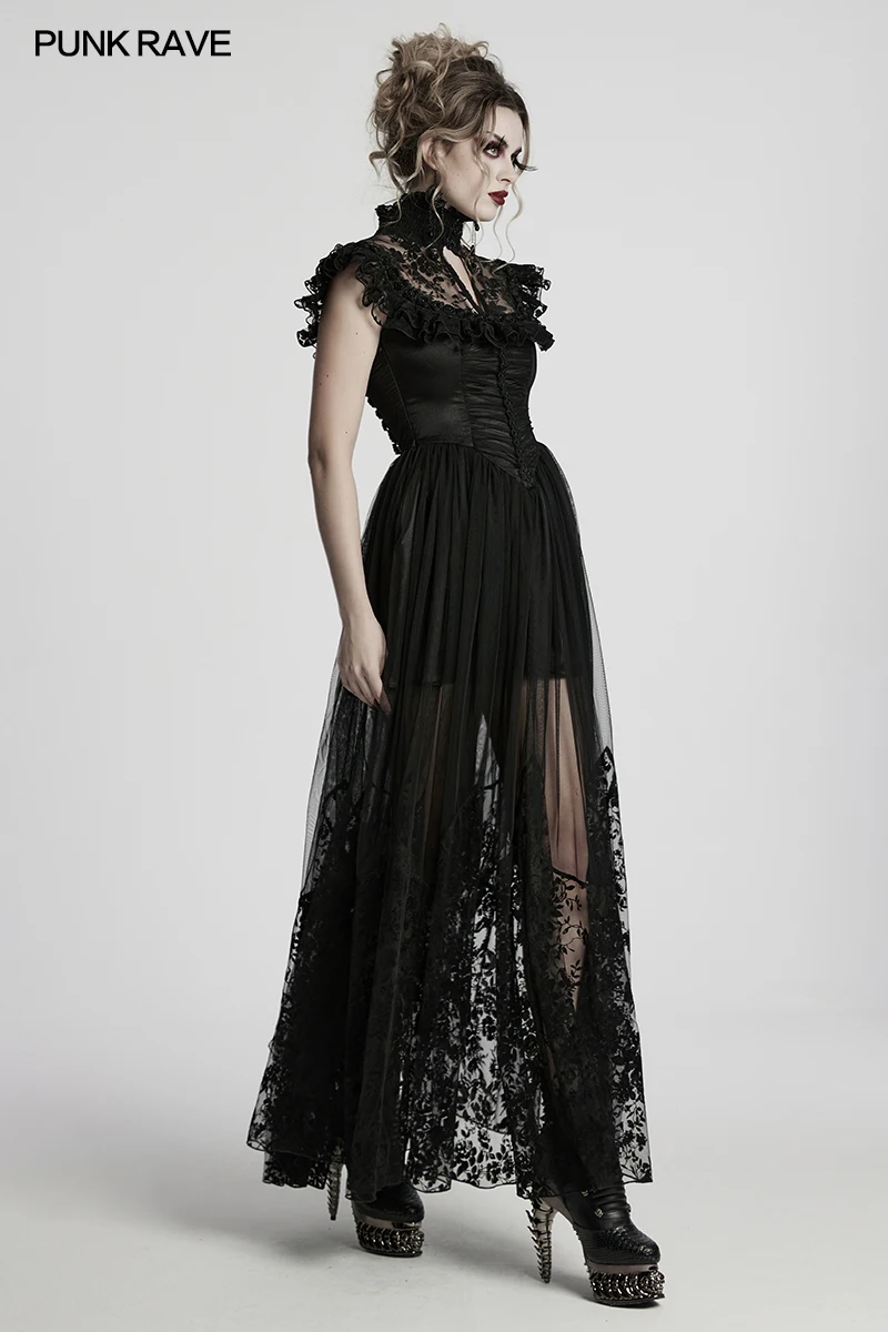 فاسق الهذيان المرأة القوطية منظور المخملية يتدفقون شبكة الساتان ليتل تحلق كم فستان أنيق أثيري حفلة فساتين طويلة