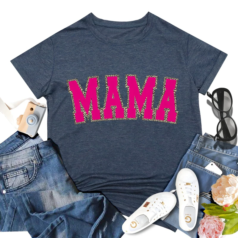 레트로 빈티지 레오파드 마마 티셔츠, 모성 클래식 탑 어머니의 날 선물, 꽃 활 귀여운 마마 크루넥 반팔 티셔츠