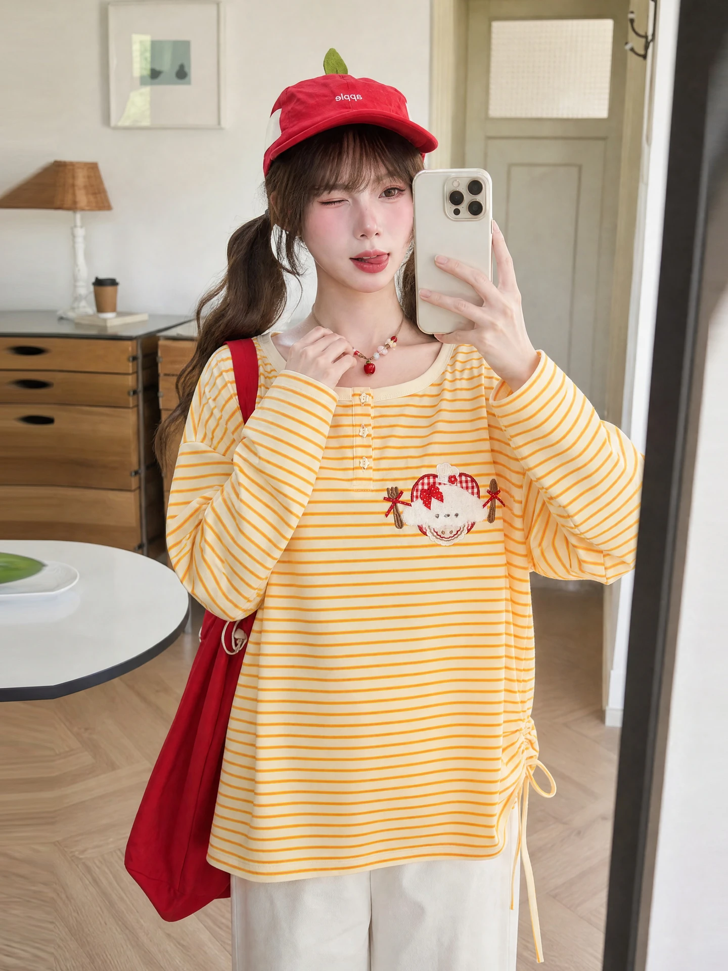 Cute Stripe Long Sleeve T-Shirt Women's Loose Fit Yellow Top Autumn New Style Dopaamine Cotton Polyester Blend Breathable