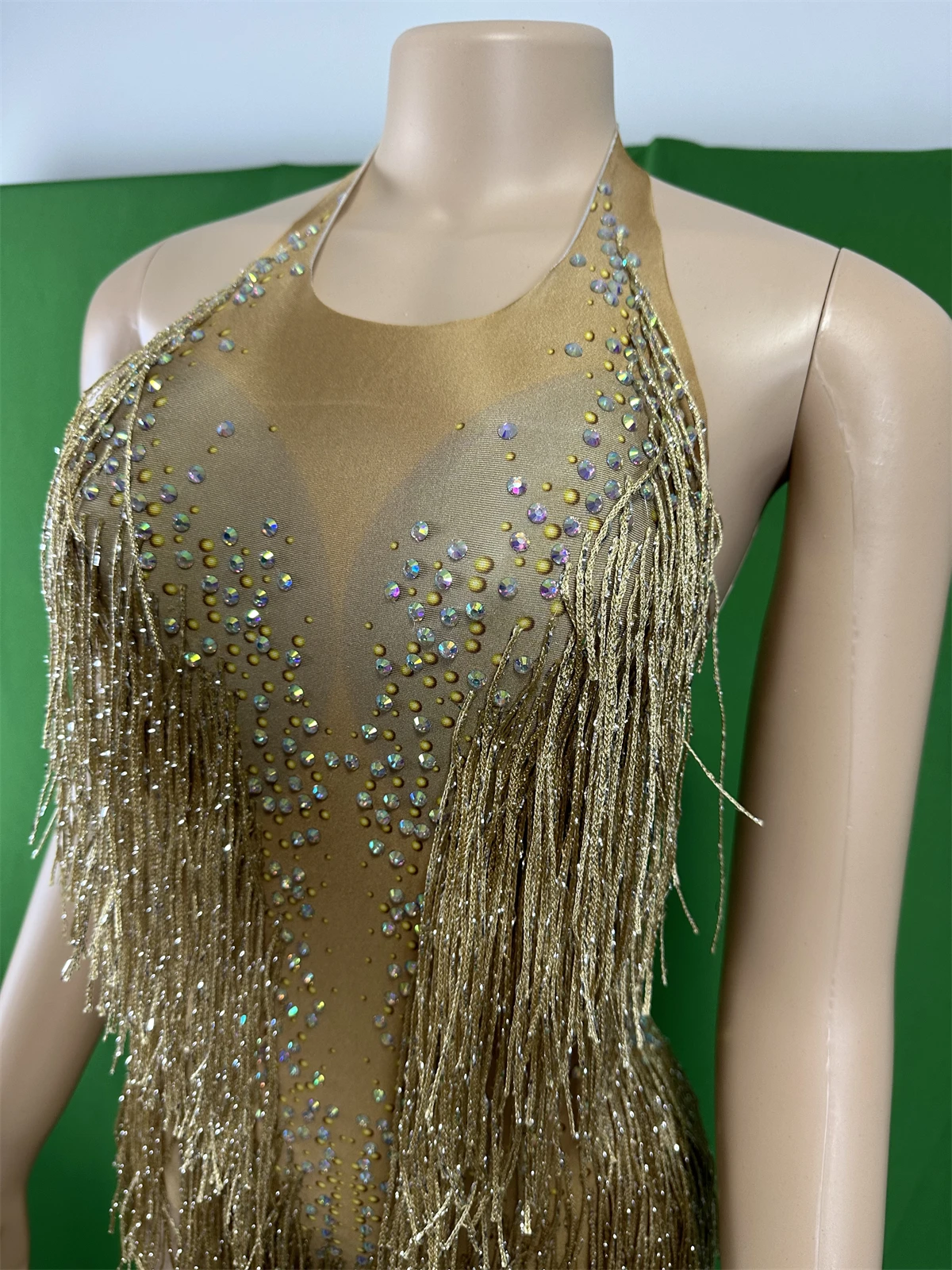 Gold Fringe Rhinestone Bodysuits For Women Latin Dancer Singer Leotard Sparkly Las Vegas Show Stage Wear 2024 Drag Queen Outfit