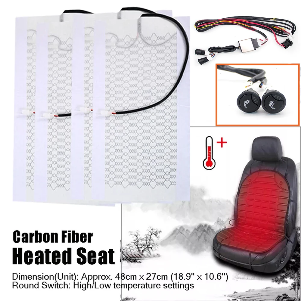 Built-in 12V Universal Carbon Fiber Car Seat Heater Heat Pad 3 Level Heated Round Cushion Control Switch Winter Warmer Cover Set