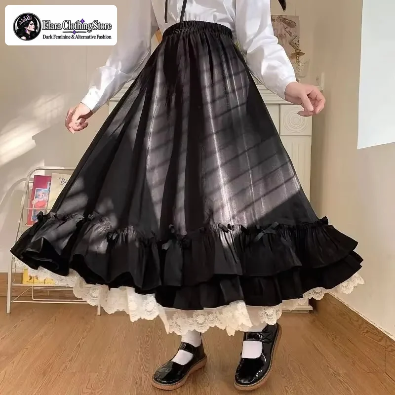 Vintage French A-line Lace Trimmed Women's Long Skirt Japanese Y2K Gothic Double Pleated Hem Elastic Waist Patchwork Skirt
