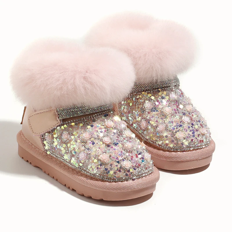 

Winter Girls' Snow Boots Fleece Lined Warm Baby Short Boots Anti-slip Soft Sole Children's Cotton Footwear for Toddlers 1-4Y