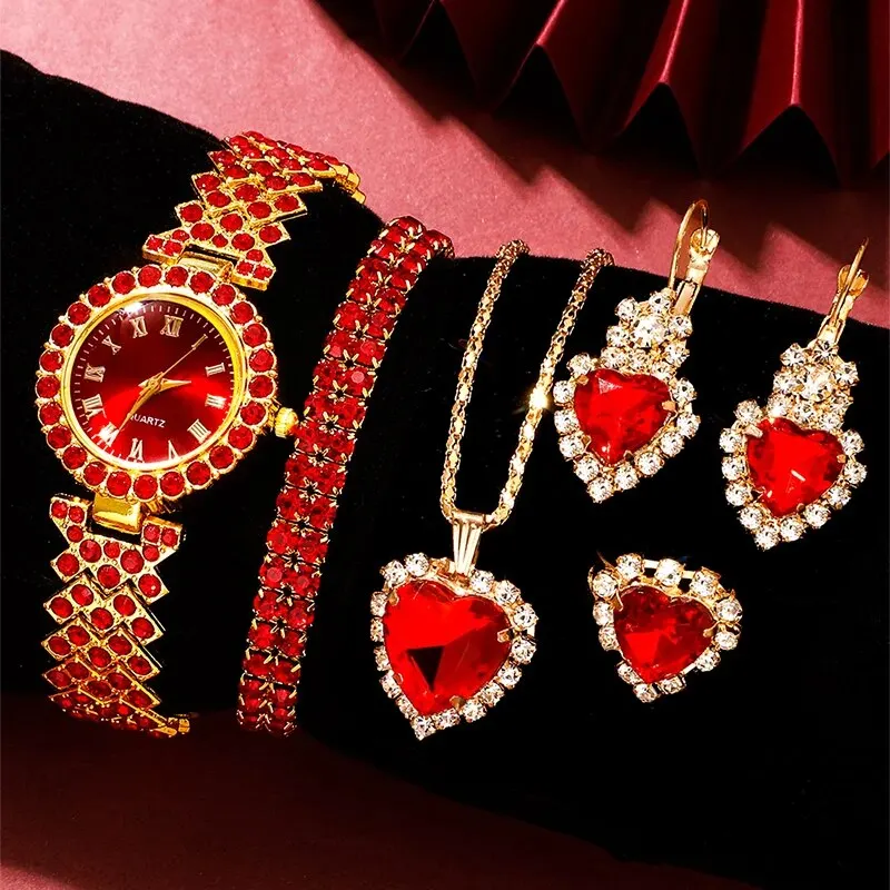 Women\'s Red Watch Ring Necklace Earrings Bracelet Set Rhinestone Fashion Wristwatch Female Casual Ladies Quartz Watches