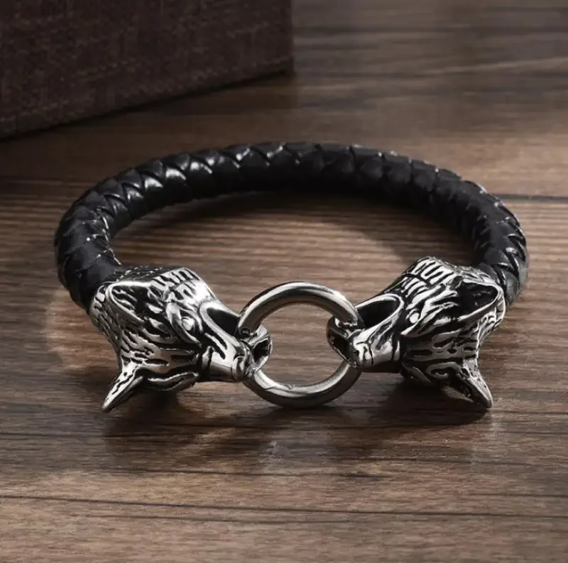 Retro Steel Wolf Head Bracelet Black Braided Leather Wristband Suitable for Men\'s Personalized Charm Buckle Jewelry