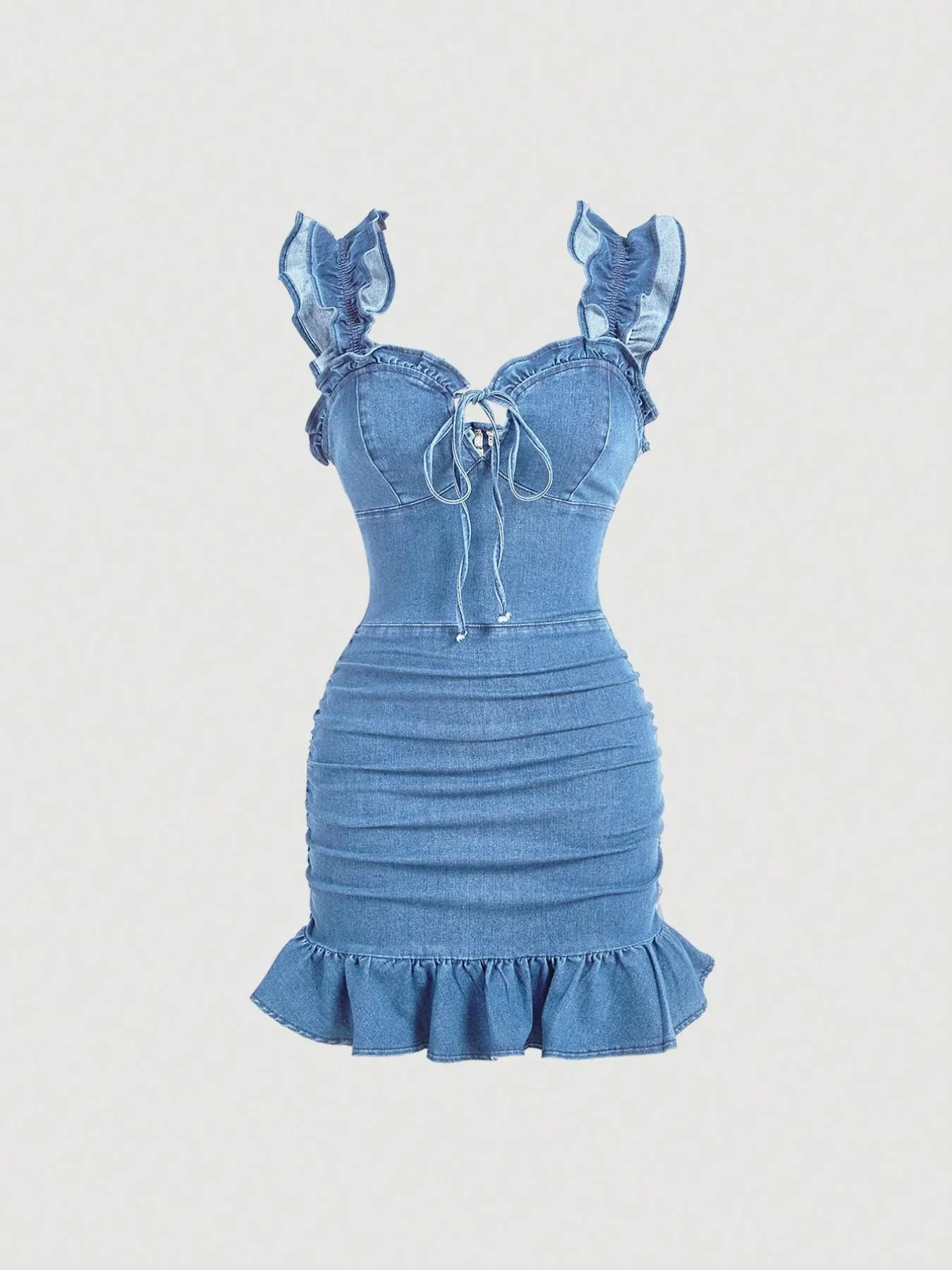 Damen-Jeanskleid mit gerafftem Rüschensaum und Bindedetail vorne, modisches, lässiges, ärmelloses, kurzes Kleid für den täglichen Outdoor-Gebrauch, Damenbekleidung