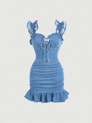 Women's Ruched Ruffle Hem Tie Front Denim Dress, Fashion Casual Sleeveless Short Dress for Daily Outdoor Wear, Ladies Clothes fo