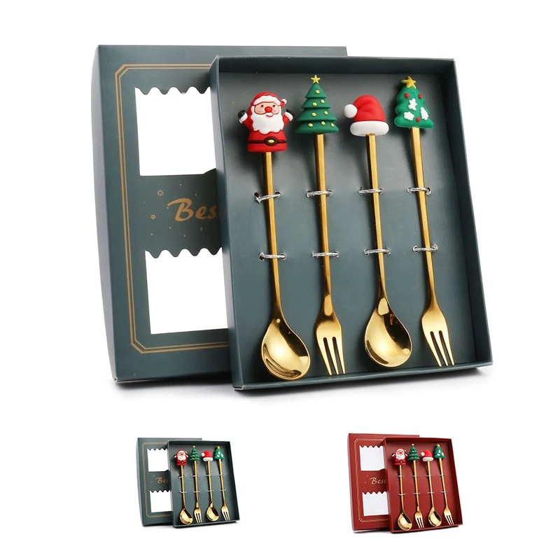 4PCS Christmas Spoon Fork Set Stainless Steel Santa Christmas Tree Shaped Decor Tableware for Home Dinner Christmas Spoons