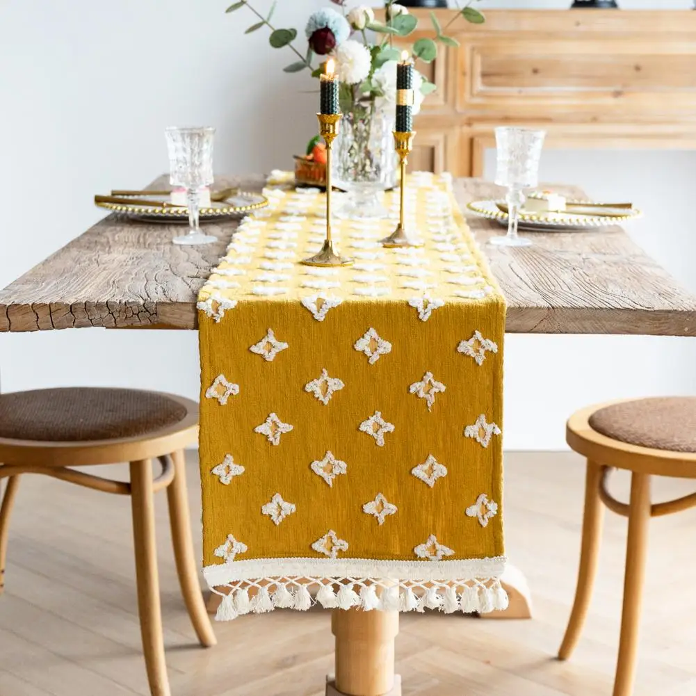 Rustic Table Runner Boho Burlap Yellow Table Runner Stain-Resistant Summer Kitchen Dining Table Cloth Party Home Decoration