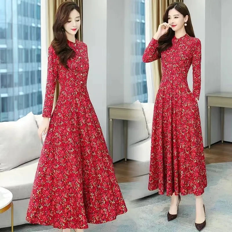 Women Spring Autumn Long Sleeve Dress Large Size Fragmented Flowers Slim Elegant Dress Mother Casual Maxi Printed Vestidos 4XL