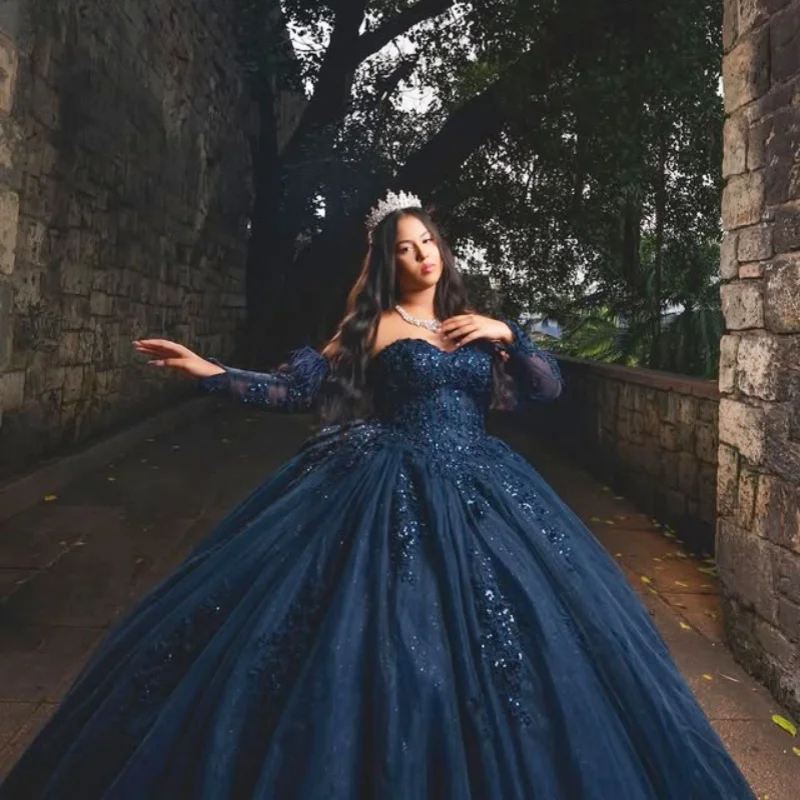 

Dark Blue Quinceanera Dress off-shoulder Crystal Glitter Flower Decal Long tail Vestidos De 15 Quinceanera ﻿Customize