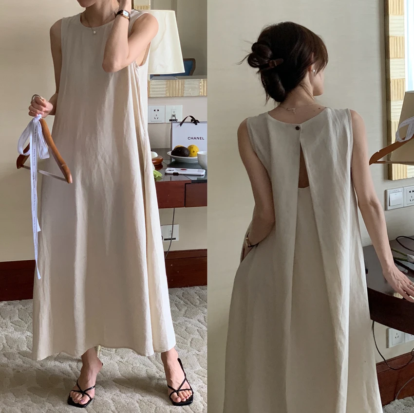 

Summer Casual Minimalist Style Hollow Round Neck One Button Long Backless Sleeveless Vest Dress for Women