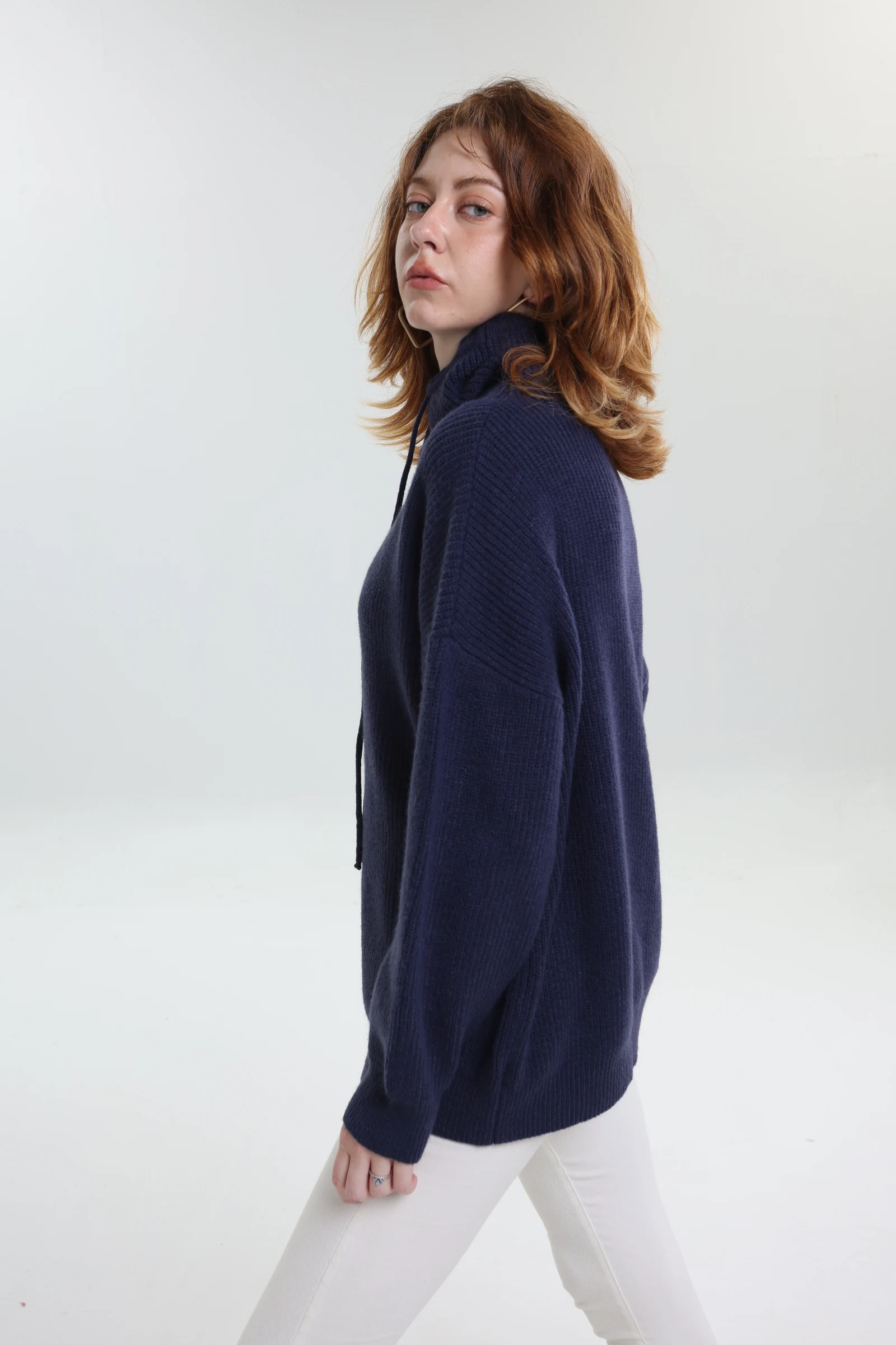 Plus Size Oversized Sweater Women High Neck Cowl Neck Drawstring Loose Knitted Pullover Long Sleeve Solid Color Autumn Winter