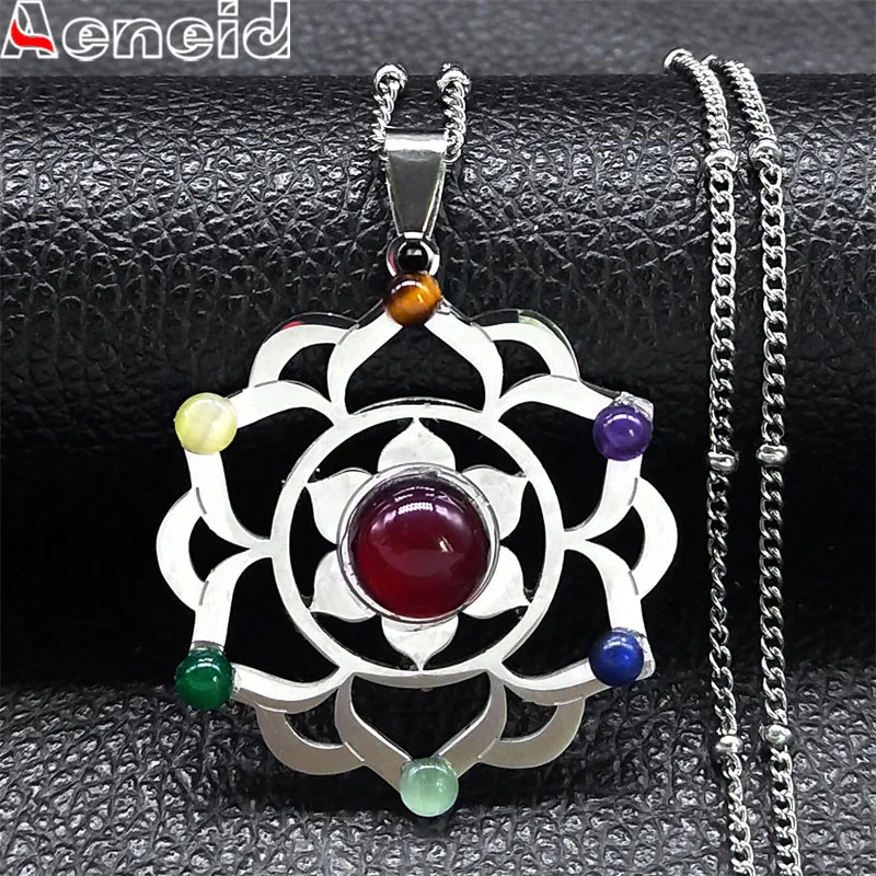 Collar de Metatrón de Geometría Sagrada de 7 Chakras para mujer, flor de la vida, collares de piedra de acero inoxidable, joyería curativa Reiki N8003