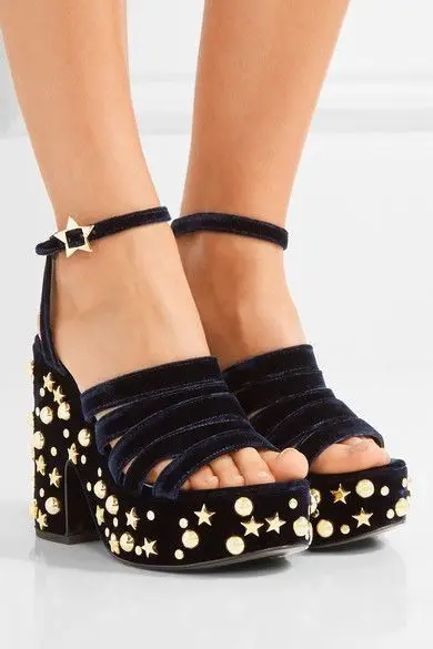 Women Velvet Platform Sandals Gold Star & Round Stud Embellished Chunky Block Heel Ankle Strap Open Toe Retro Party Shoes