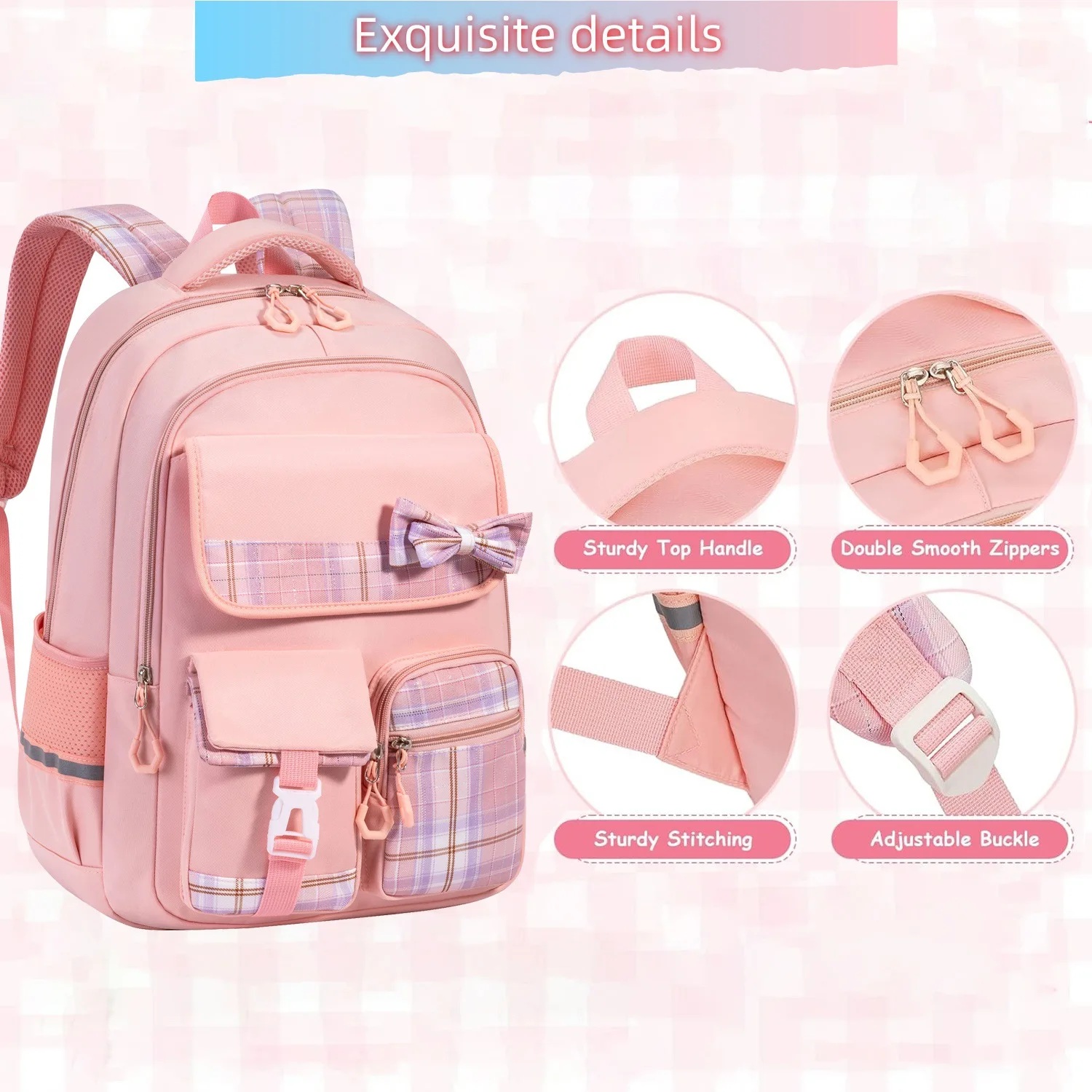 School Backpack Plaid Bow Decor Large Capacity Student Book Bag Lightweight Orthopedic Knapsack Reflective Design For Kids