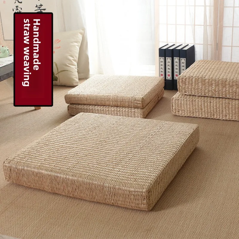 Straw Woven Floor Cushion for Meditation Thick Tatami Mat for Kneeling Square Rattan Bay Window Mat Home Yoga Pad for Ground