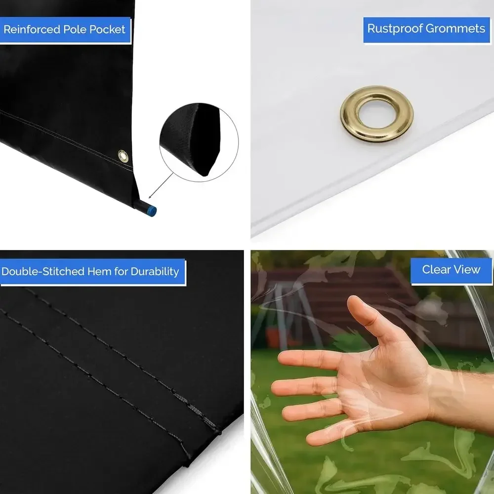 18 oz Clear Outdoor Curtains with Brass Grommets, Suitable for Gazebos, Pergolas, and Porch Walls (7x12 ft, Black)