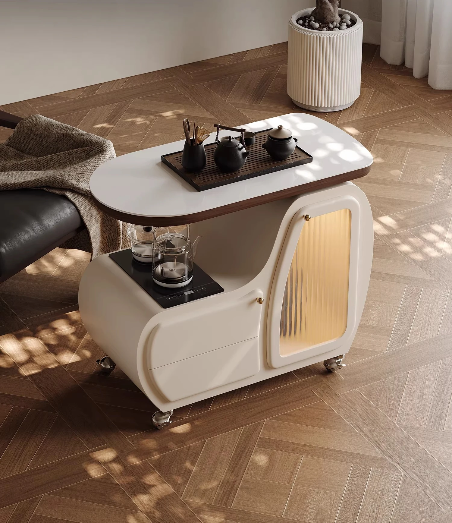 

Italian movable rotating tea table with kettle rock slab balcony living room cream wind trolley tea table side cabinet