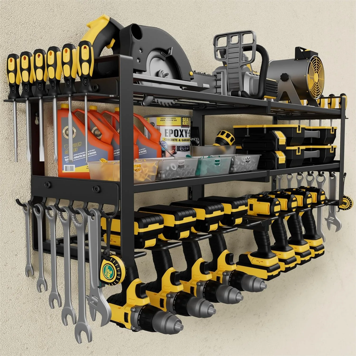 

Power Tool Organizer Wall Mount 350lbs Garage Storage Rack with 6 Cordless Drill Holder, 3-Tier 32"W Heavy Duty Organization for