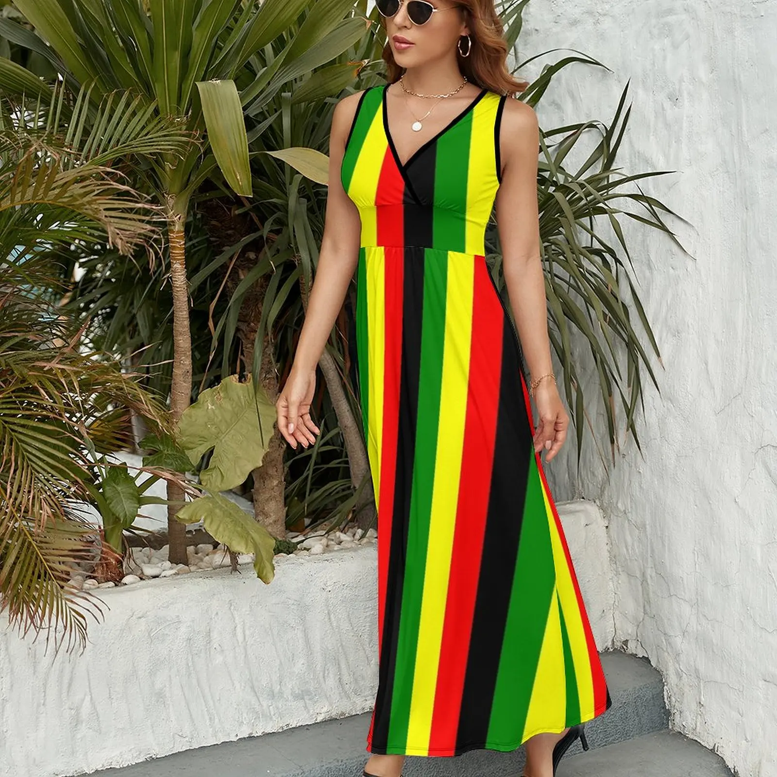 Rasta Colors Red Green GoldBright Colored Striped Pattern Sleeveless Dress dresses for official occasions luxury dresses