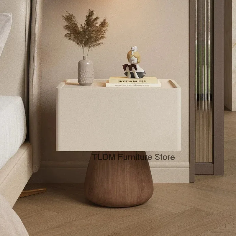 Modern Two-Tone Bedside Cabinet, Smooth Block Storage Body, Bulbous Wood Sculptural Base Minimalist Nightstand for Bedroom Decor