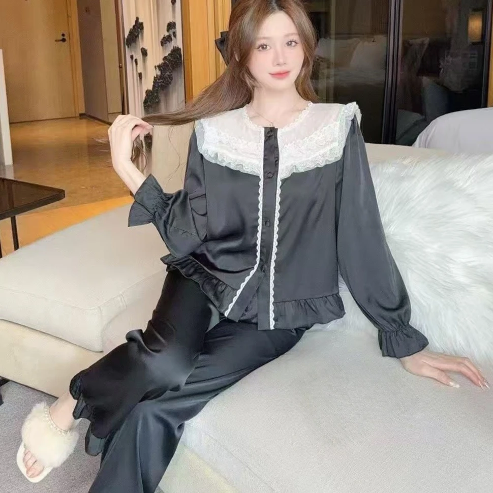 

Кружевной пижамный комплект для женщин из двух предметов: пижама с длинным рукавом из вискозы для сна и дома, весна-лето