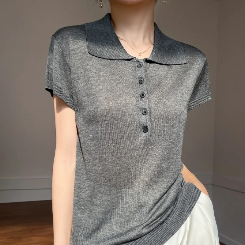 Flip Collar Pure Lyocell Pullover Women's knitted Short Sleeves Sweater Half single buckle decoration High-quality Loose Tops 4