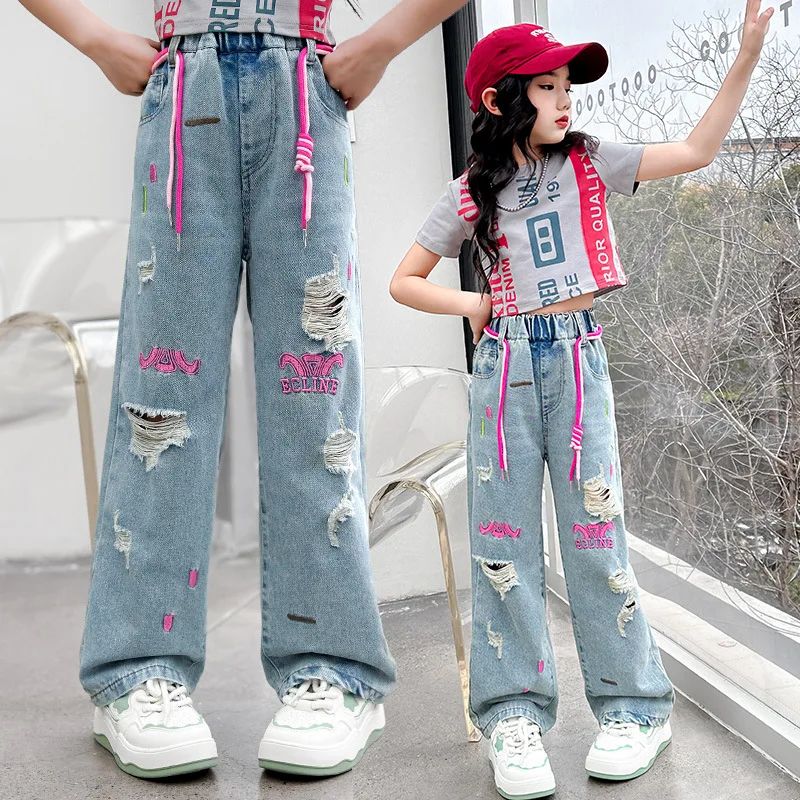 

Girls Summer Pants 2024 New Casual Summer Wear Korean Version Loose Jeans Children Korean Simple Style Trousers Bottoms