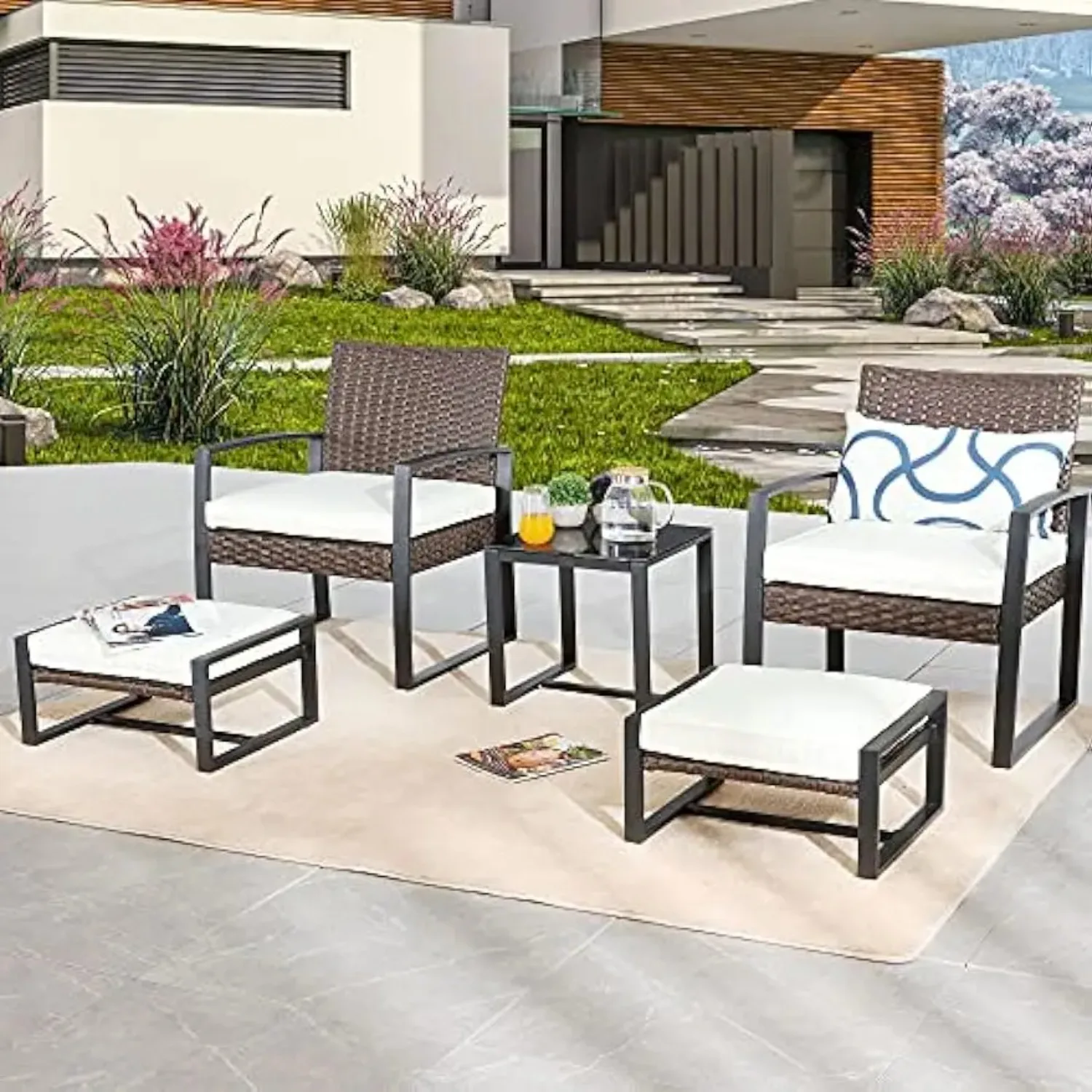 Patio Conversation Set 5 Pieces Outdoor PE Wicker Rattan Sofa Furniture Cushioned Chairs and Ottomans with Tempered Glass Table