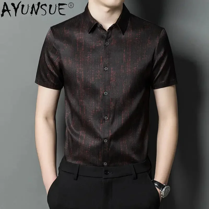 

90.8% Mulberry Real Silk Shirt Short Sleeved s Men's Clothing Striped Printed for Men Business Casual Tops Chemises