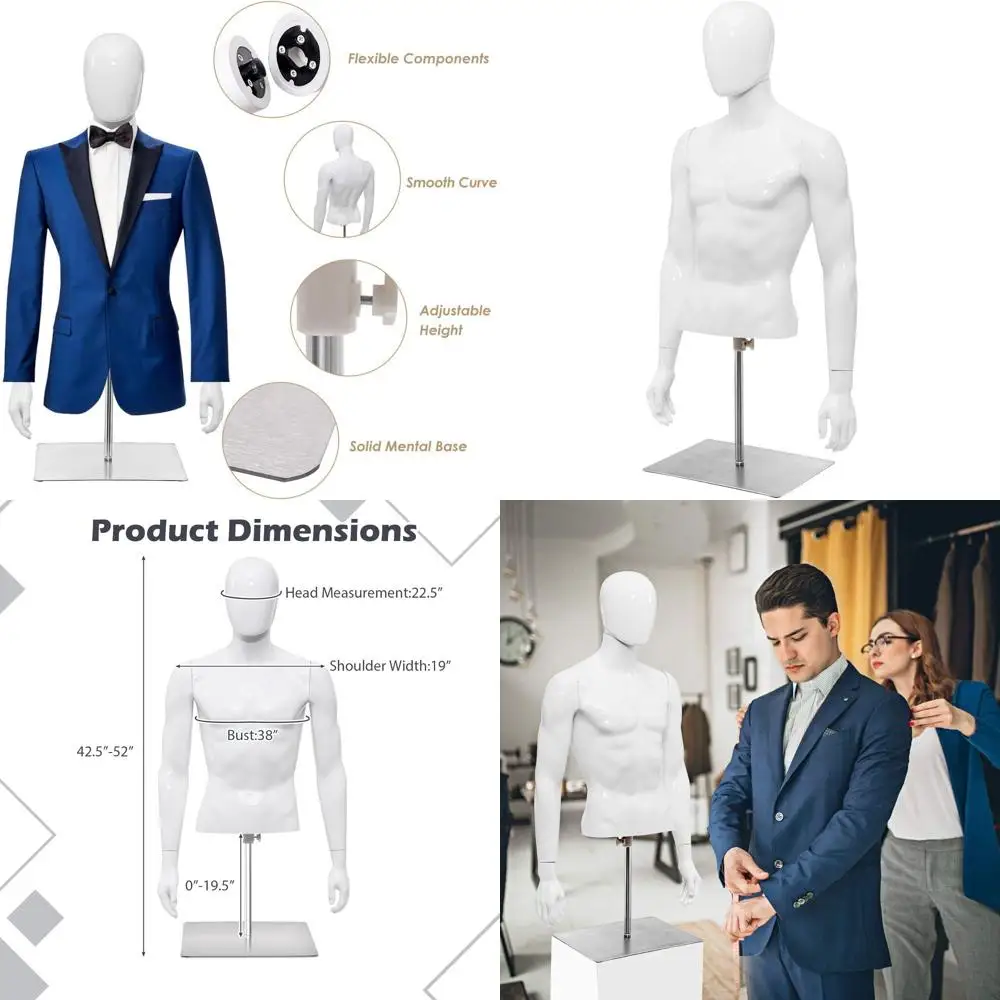 

Adjustable Height Male Mannequin with Detachable Arms and Metal Stand, Bright White Display